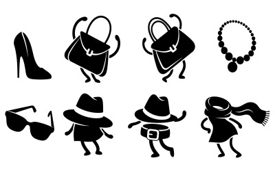 Playful black silhouette vector icons of animated fashion accessories, isolated on white background