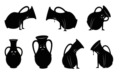 Sad black silhouette anthropomorphic jugs and vases, some crying, isolated on white background