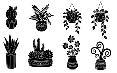 Set of eight black plant silhouettes isolated on white background