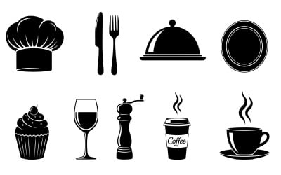 Set of ten black silhouette dining and coffee icons, isolated on white background with high