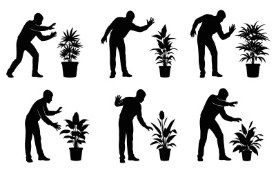Six black silhouettes of men interacting with potted plants, isolated on white background
