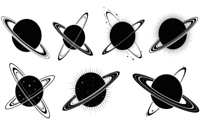 Stylized black planets with varied rings, sunbursts, and sparkling, isolated on white background