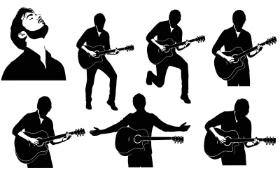 Zeven zwarte silhouetmuzikanten die gitaar spelen, geïsoleerd op een witte achtergrond