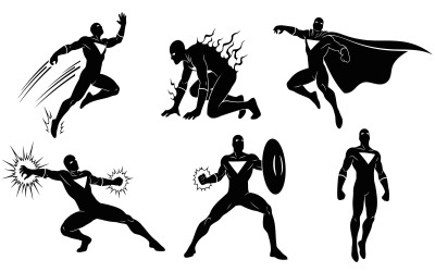 Dynamic superhero characters in various action poses, graphic isolated on white background