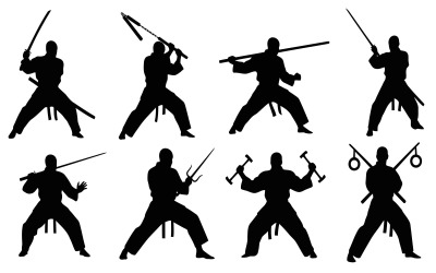Eight ninja warriors in black silhouettes wielding traditional Japanese weapons, isolated on white