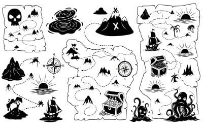 Illustrated pirate map elements for a treasure hunt adventure isolated on white background