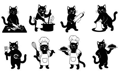 Platt design av svarta katter som lagar mat och bakar, utför olika isolerade på vit bakgrund