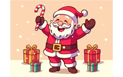 Santa Claus Holding Candy Cane and Gifts