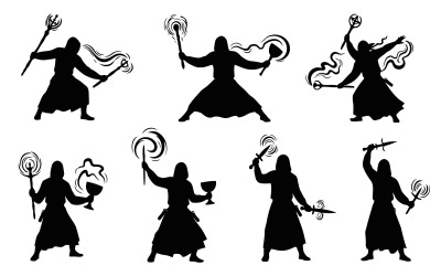 Silhouette illustration of wizards casting spells with magical items isolated on white background