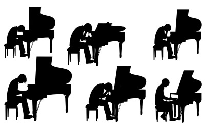 Silhouette of a musician playing a grand piano isolated on white background