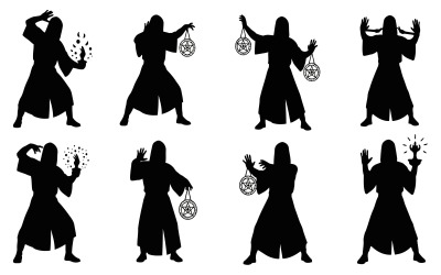 Silhouette of a mystical wizard casting spells and holding magical isolated on white background