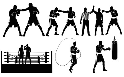 Silhouette of boxers, referee, and boxing equipment in various dynamic isolated on white background