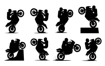 Silhouette of motorcycle riders performing various wheelies and stunts isolated on white background