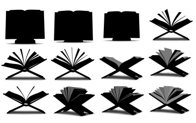 Silhouette of multiple open books on wooden stands isolated on white background