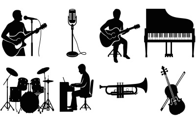 Silhouette of musicians playing various musical instruments and band isolated on white background