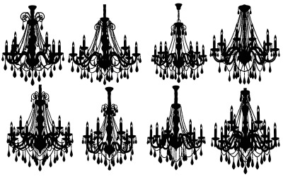 Silhouette of ornate antique chandeliers, elegant luxury lighting isolated on white background