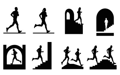 Silhouette of people running and exercising on stairs and flat ground isolated on white background