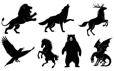 Silhouette of various animals: lion, wolf, deer, crow, horse, bear, isolated on white background