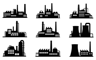 Silhouette of various industrial factory buildings and power plants isolated on white background