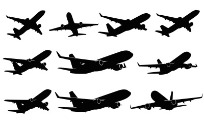 Silhouette of various passenger airplanes taking off and flying isolated on white background