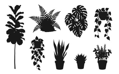 Silhouette of various potted houseplants and foliage isolated on white background