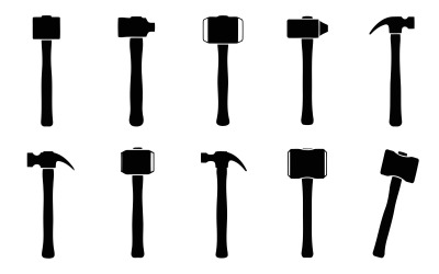 Silhouette of various types of hammers, tools isolated on white background