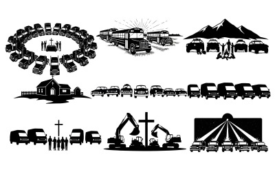Silhouette of various vehicles and people in different religious and isolated on white background
