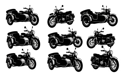 Silhouette of vintage motorcycles with sidecars isolated on white background