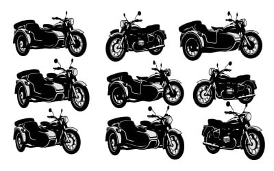 Silhuett av vintage motorcyklar med sidovagnar isolerad på vit bakgrund