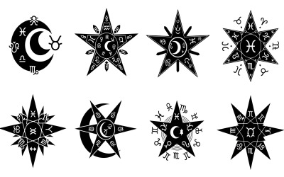Collection of astrological and zodiac symbols, celestial stars and isolated on white background