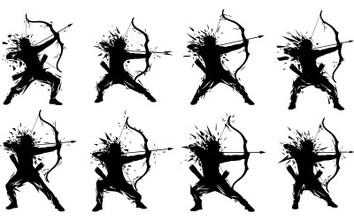 Dynamic archer silhouettes in various action poses, graphic isolated on white background