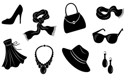 Flat design collection of various women's fashion accessories, elegant isolated on white background