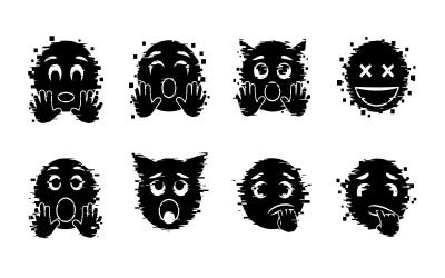Flat design illustration of various distressed glitch emojis isolated on white background