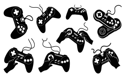 Flat design illustration of various video game controllers with hands isolated on white background