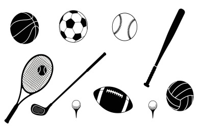 Flat design sports equipment collection, including balls, bats, and isolated on white background