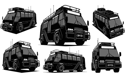 Multiple black and white illustrations of an expedition bus with a isolated on white background