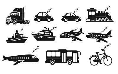 Representação plana de diversos veículos e meios de transporte para dormir, isolados em fundo branco.