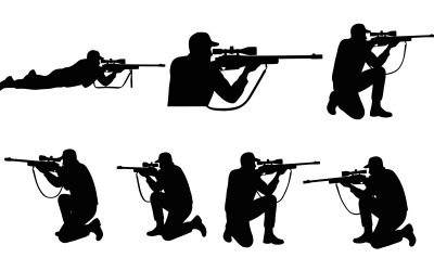 Silhouet van een sluipschutter in verschillende schietposities geïsoleerd op een witte achtergrond