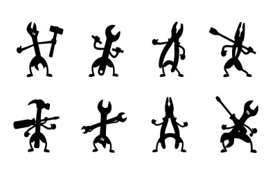 Silhouette flat design of funny tool characters posing isolated on white background