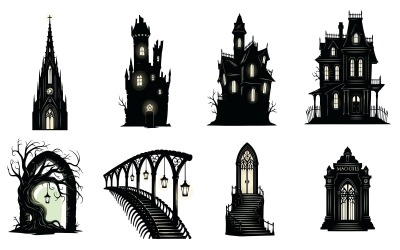 Silhouette of a collection of gothic and haunted buildings and isolated on white background