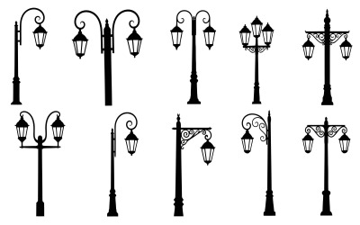 Silhouette of a collection of ornate vintage street lamps and lampposts isolated on white background