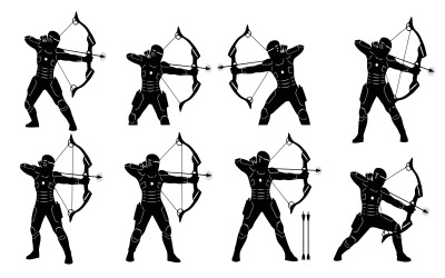 Silhouette of armored archers with bows and arrows in dynamic poses isolated on white background