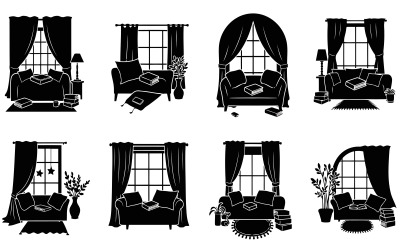 Silhouette of cozy reading nooks with sofas, windows, and books isolated on white background
