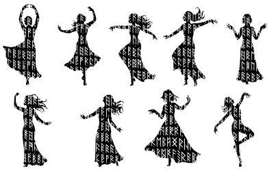 Silhouette of diverse women dancing with mystical runic symbols isolated on white background