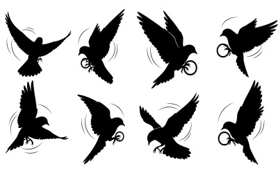 Silhouette of flying doves or pigeons in various poses, some carrying isolated on white background