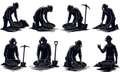 Silhouette of gold miners panning for precious metal, digital isolated on white background