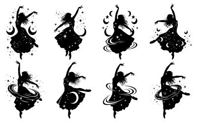Silhouette of graceful female dancers with stars, moons, and cosmic isolated on white background