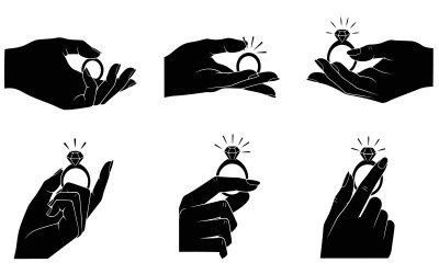 Silhouette of hands holding sparkling diamond engagement rings, , isolated on white background