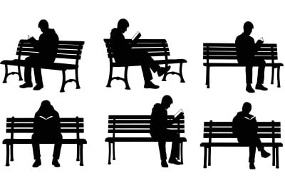 Silhouette of multiple people sitting on park benches and reading books isolated on white background