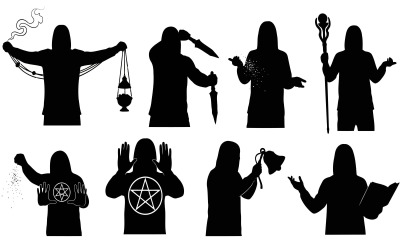Silhouette of occult figures performing magic rituals. Set of wizards isolated on white background